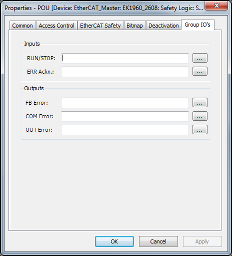 Dialog: Properties – POU – Group IOs